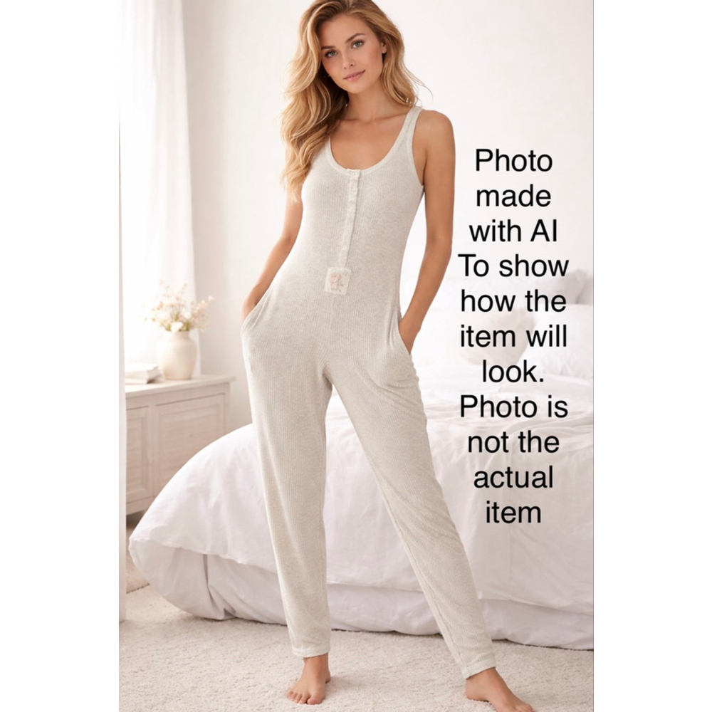Victoria's Secret Oatmeal Ribbed Henley Jumpsuit Small